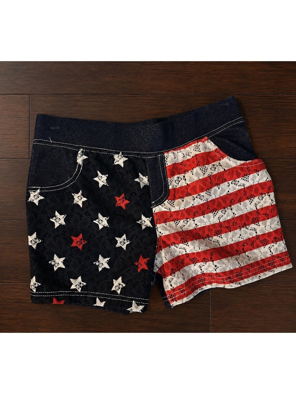 Celebrate! Girls Stars & Stripes Lace Bermuda Shorts Pull On Pockets L 10/12
